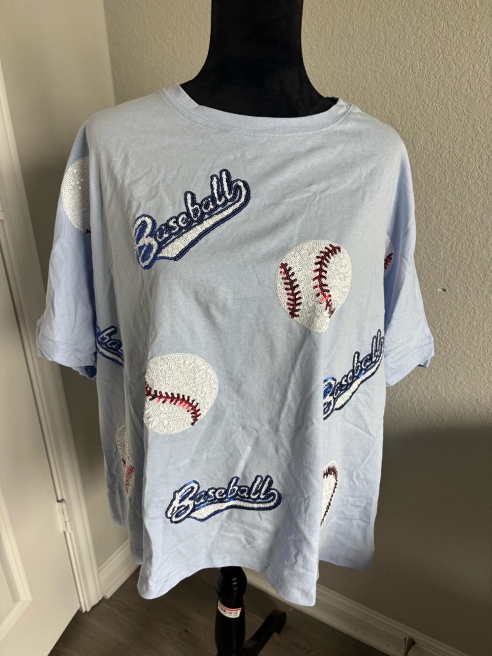 Fantastic Fawn Blue Sequin Baseball Loose Fit Tee Size Large NWOT